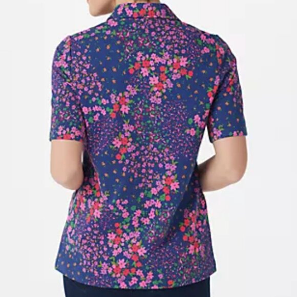 Isaac Mizrahi Live Floral Polo Shirt Navy Multi Size L - Picture 2 of 9